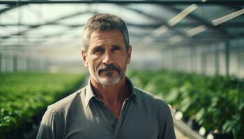 A man standing in front of a lush greenhouse filled with a variety of vibrant plants AI Generated photo