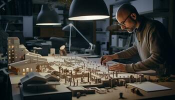 un hombre intrincadamente elaboración un modelo de un ciudad ai generado foto