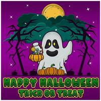 White Ghost Holding Candy. Happy Halloween. Trick or Treat. Greeting Card, Invitation and Poster. vector