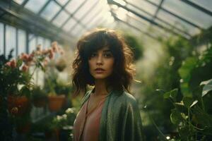 A woman surrounded by lush greenery in a beautiful greenhouse AI Generated photo