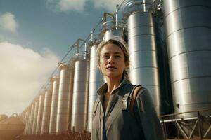 A woman standing in front of a row of silos AI Generated photo