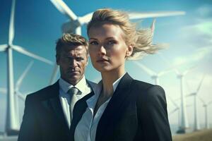 A couple standing in front of wind turbines AI Generated photo