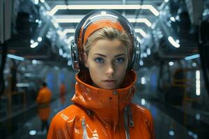 A woman in an orange space suit wearing headphones AI Generated photo