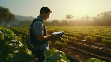 A man standing in a field holding a tablet AI Generated photo