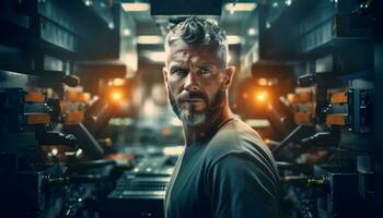 A man standing in front of a machine room AI Generated photo