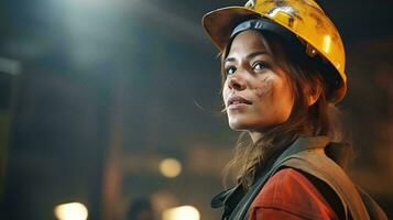 A woman wearing safety gear and a hard hat AI Generated photo