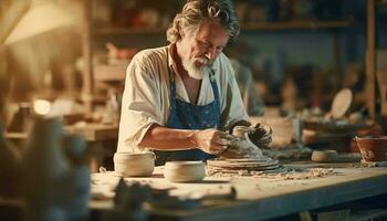 un alfarero creando cerámica en un tradicional cerámica taller ai generado foto