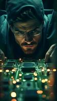 A man inspecting a complex circuit board with illuminated lights AI Generated photo