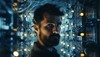 A bearded man surrounded by wires AI Generated photo