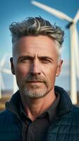 A man with a goatee and a wind turbine in the background AI Generated photo