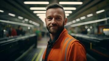 A man in an orange vest standing in a subway station AI Generated photo