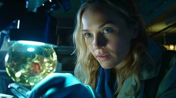 un mujer observando un cristalería en un laboratorio ajuste ai generado foto