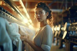 A woman browsing clothes on a clothing rack in a store AI Generated photo