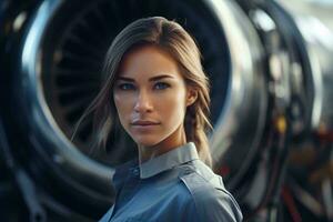 A woman standing in front of a powerful jet engine AI Generated photo