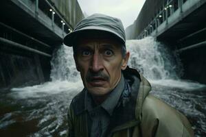 A man standing in front of a majestic waterfall, wearing a stylish hat AI Generated photo