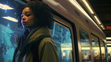 un mujer mirando fuera de un tren ventana ai generado foto