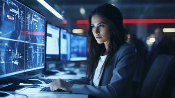 A woman standing in front of a machine wearing a white shirt AI Generated photo