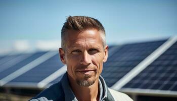 un hombre en pie en frente de un fila de solar paneles ai generado foto