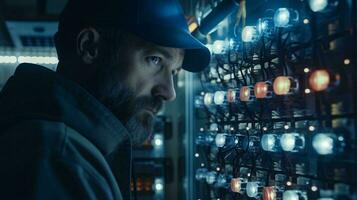 A man in a baseball cap in front of a mesmerizing wall of lights AI Generated photo