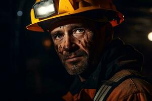 A man wearing a hard hat with a flashlight on his head in a dark environment AI Generated photo