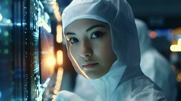 A woman wearing a white hoodie focused on her computer screen AI Generated photo