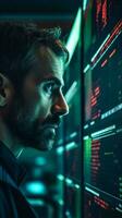 A man analyzing data on a computer screen AI Generated photo