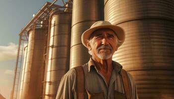 A man wearing a hat in front of silos AI Generated photo