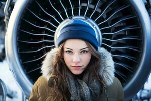 A woman standing in front of a powerful jet engine AI Generated photo