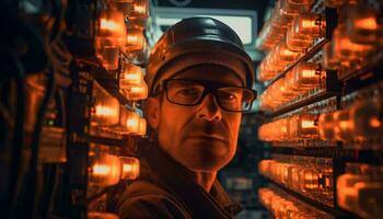 A man wearing glasses and a hard hat standing in front of a rack of lights AI Generated photo