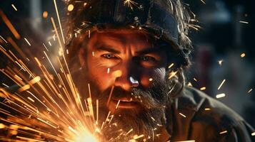 A bearded man holding a sparkler, creating a beautiful light display AI Generated photo