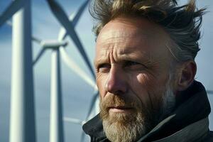 A man with a goatee posing in front of a wind turbine AI Generated photo