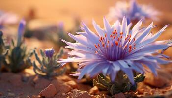 A vibrant purple flower blooming on sandy ground AI Generated photo