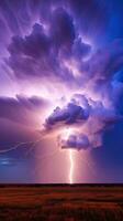 A dramatic lightning bolt striking a large cloud in the sky AI Generated photo