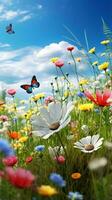 A colorful field of flowers with a graceful butterfly in flight AI Generated photo