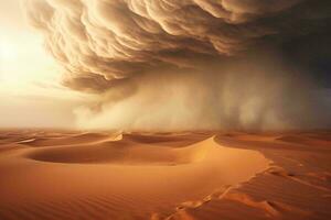 A dramatic storm brewing over a vast desert landscape AI Generated photo