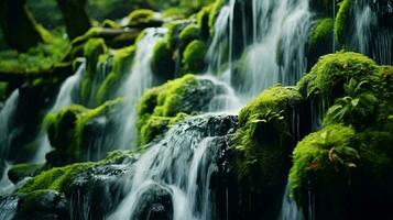A serene waterfall with lush green moss AI Generated photo