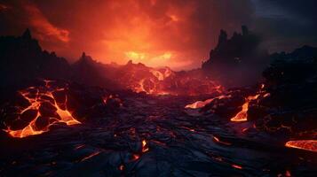 A volcanic landscape with flowing lava and lava rocks AI Generated photo