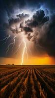 A powerful lightning bolt illuminating a dark storm cloud AI Generated photo
