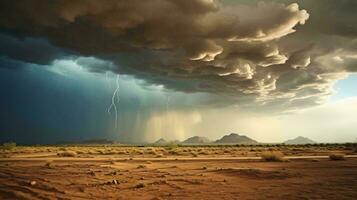 A dramatic storm approaching a vast desert landscape AI Generated photo