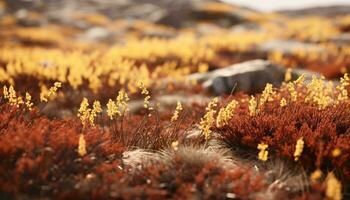 A vibrant field of red and yellow plants with a rocky backdrop AI Generated photo