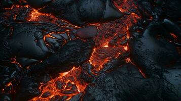 A fiery eruption with molten lava flowing over rocks AI Generated photo
