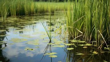 A serene pond with vibrant water lilies and lush green grass AI Generated photo