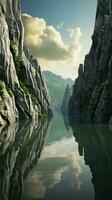 un sereno montaña lago rodeado por rocoso acantilados ai generado foto