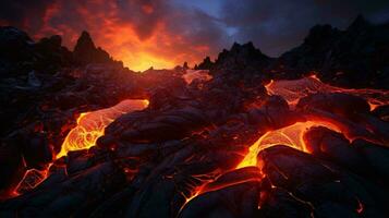 un volcánico erupción con lava fluido debajo un dramático nublado cielo ai generado foto