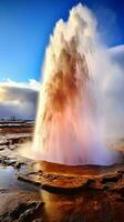 A powerful geyser erupting with force and spraying water high into the sky AI Generated photo