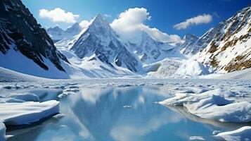 un sereno lago anidado en medio de nevadas montañas debajo un claro azul cielo ai generado foto