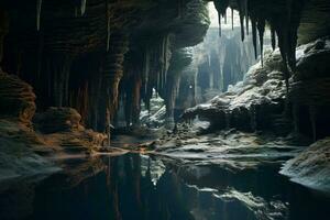 A beautiful underground cave with crystal clear water and rocky formations AI Generated photo