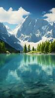 A serene mountain lake surrounded by majestic pine trees AI Generated photo