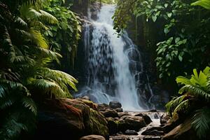 A stunning waterfall surrounded by lush greenery in the heart of a tropical jungle AI Generated photo