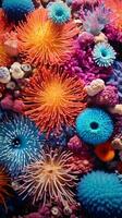 A cluster of sea urchins up close, showcasing their unique spiky texture and vibrant colors AI Generated photo